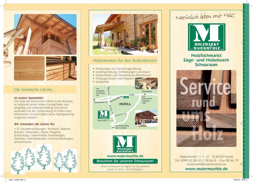 Flyer mit allen Dienstleistungen und Kontakt vom Holzmarkt und Sägewerk Maiermühle in Inzell