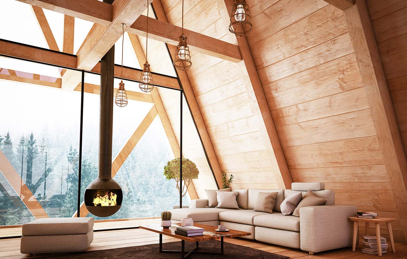 Wohnzimmer eines Holzhauses mit Massivholzdecke