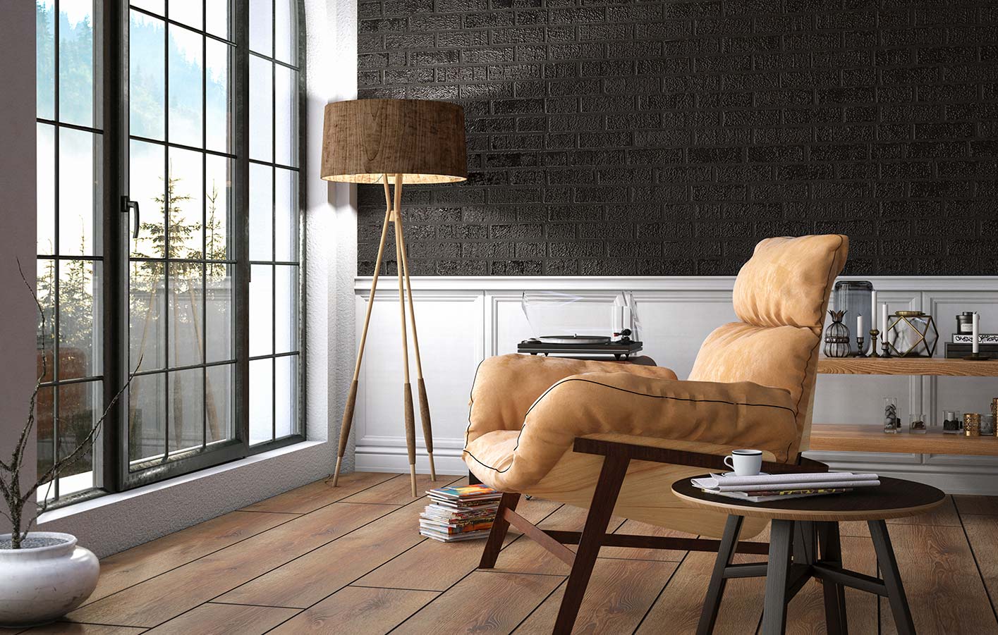 Ein Lederstuhl auf einem Holzboden vor einem großen Fenster