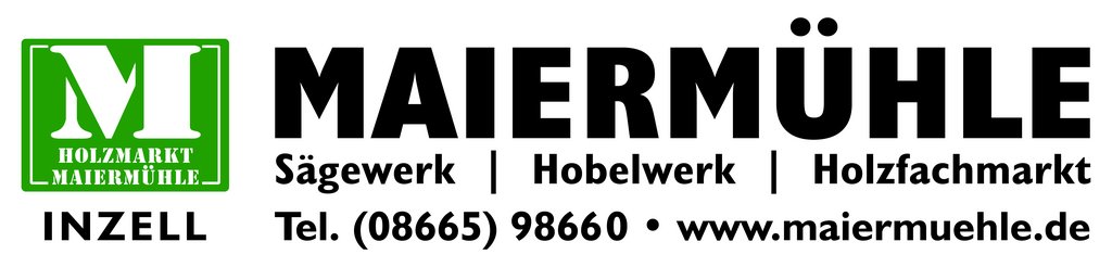 Das Logo und die Adresse vom Holzmarkt und Sägewerk Maiermühle